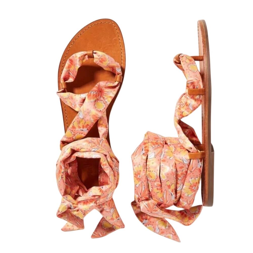 Vera for Anthropologie Retro Floral Scarf Gladiator Sandals Orange Size 38